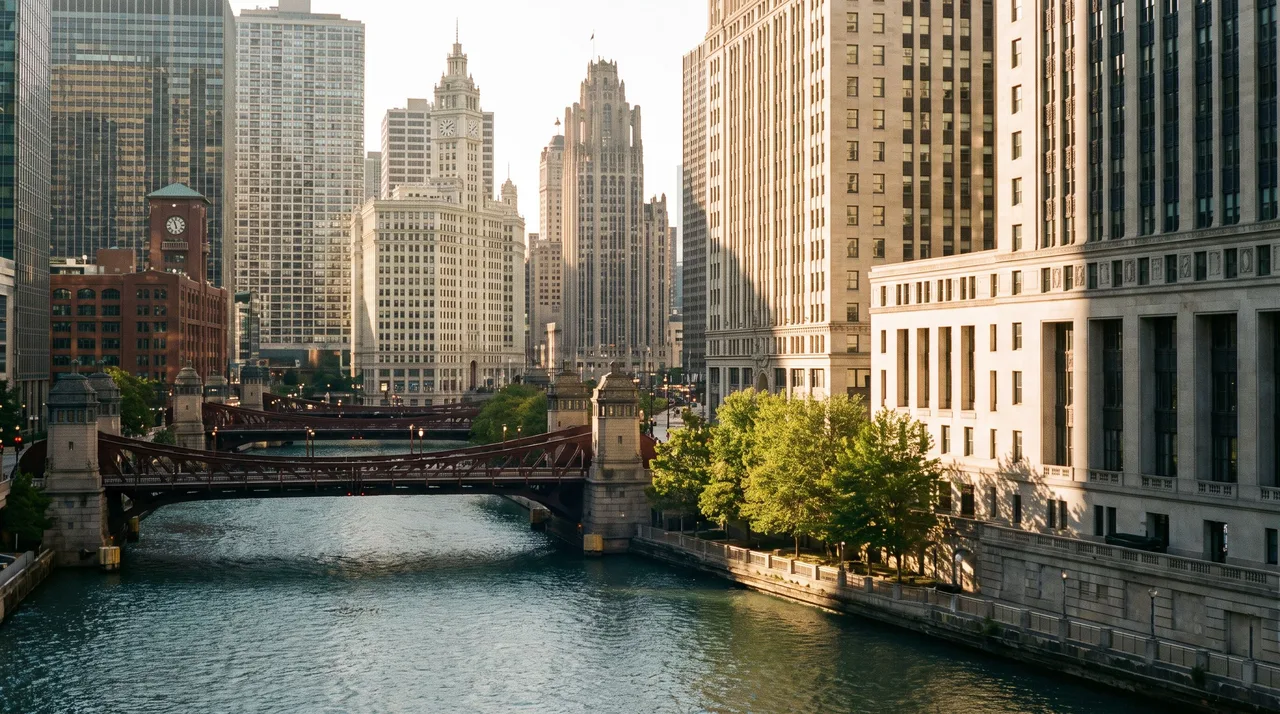 Illustrative cityscape inspired by Chicago, IL
