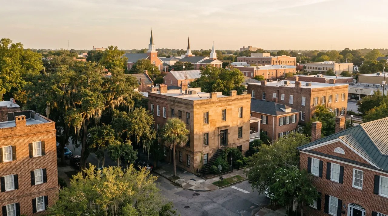 Illustrative cityscape inspired by Savannah, GA