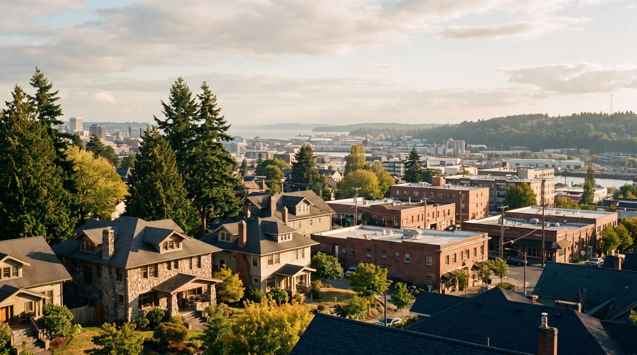 Illustrative cityscape inspired by Tacoma, WA
