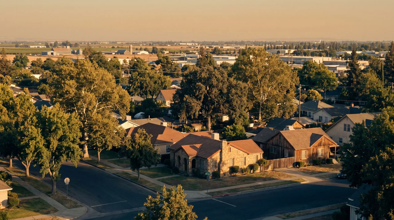 Illustrative cityscape inspired by Turlock, CA