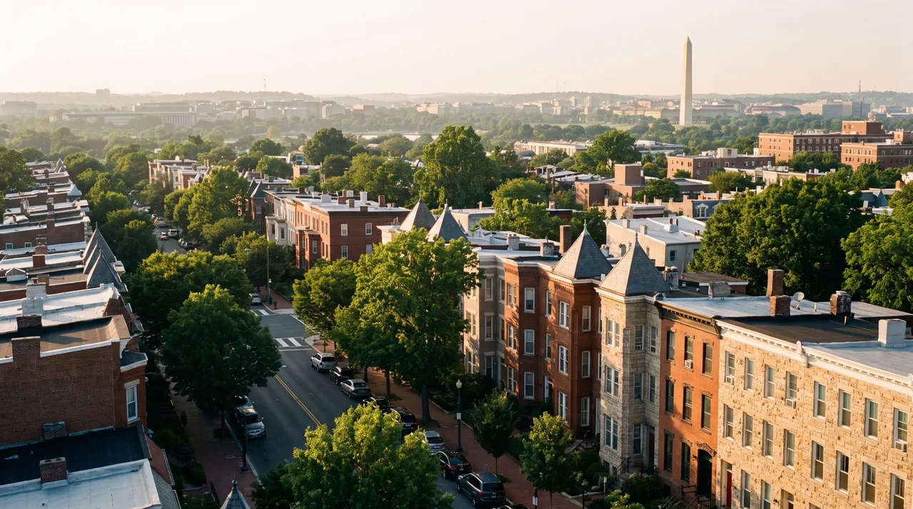 Illustrative cityscape inspired by Washington, DC
