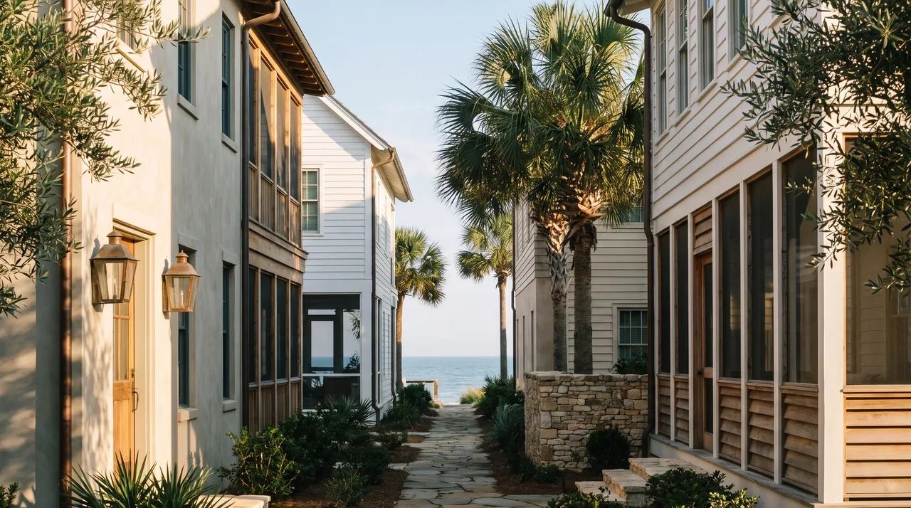 Illustrative coastal neighborhood with light-colored homes and palms