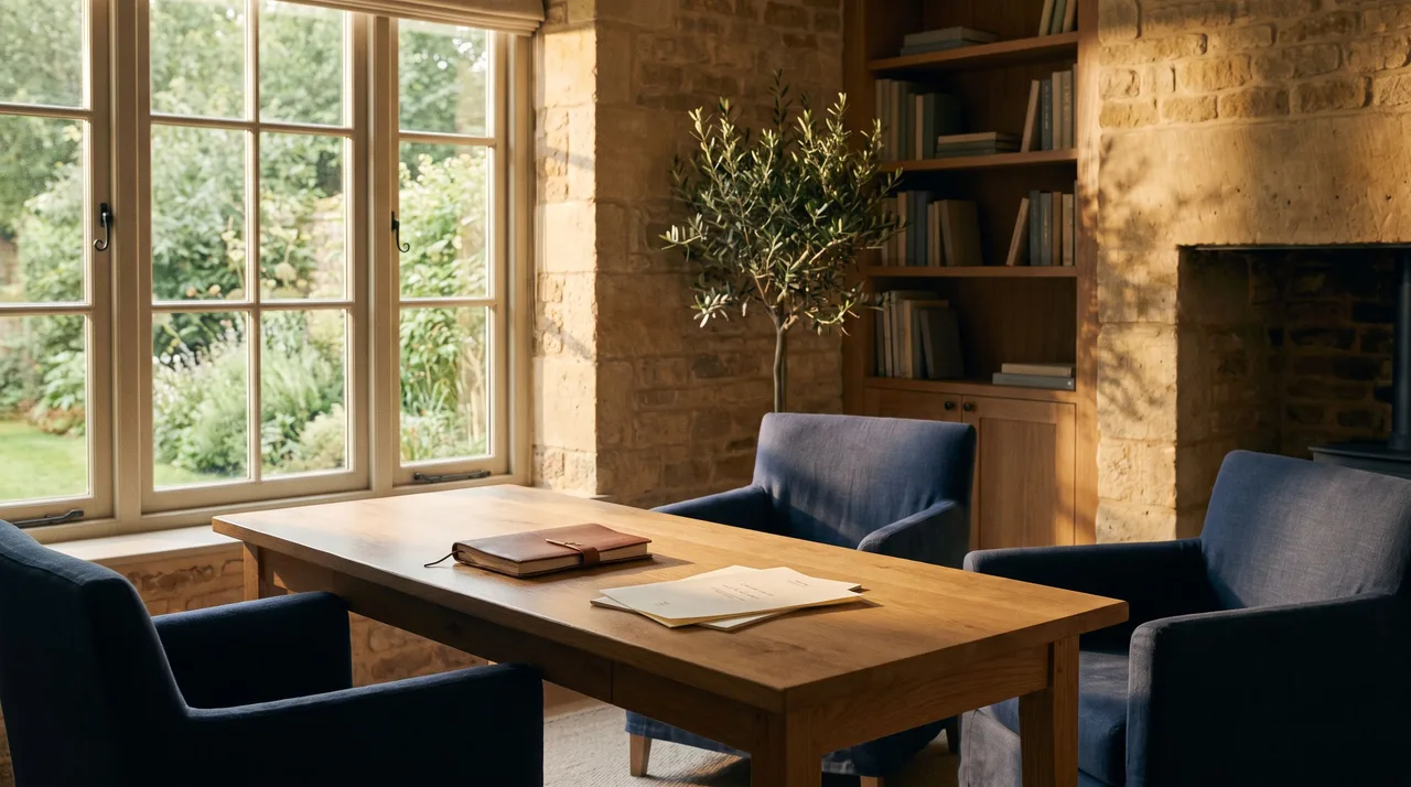 Illustrative home office with two chairs ready for a conversation