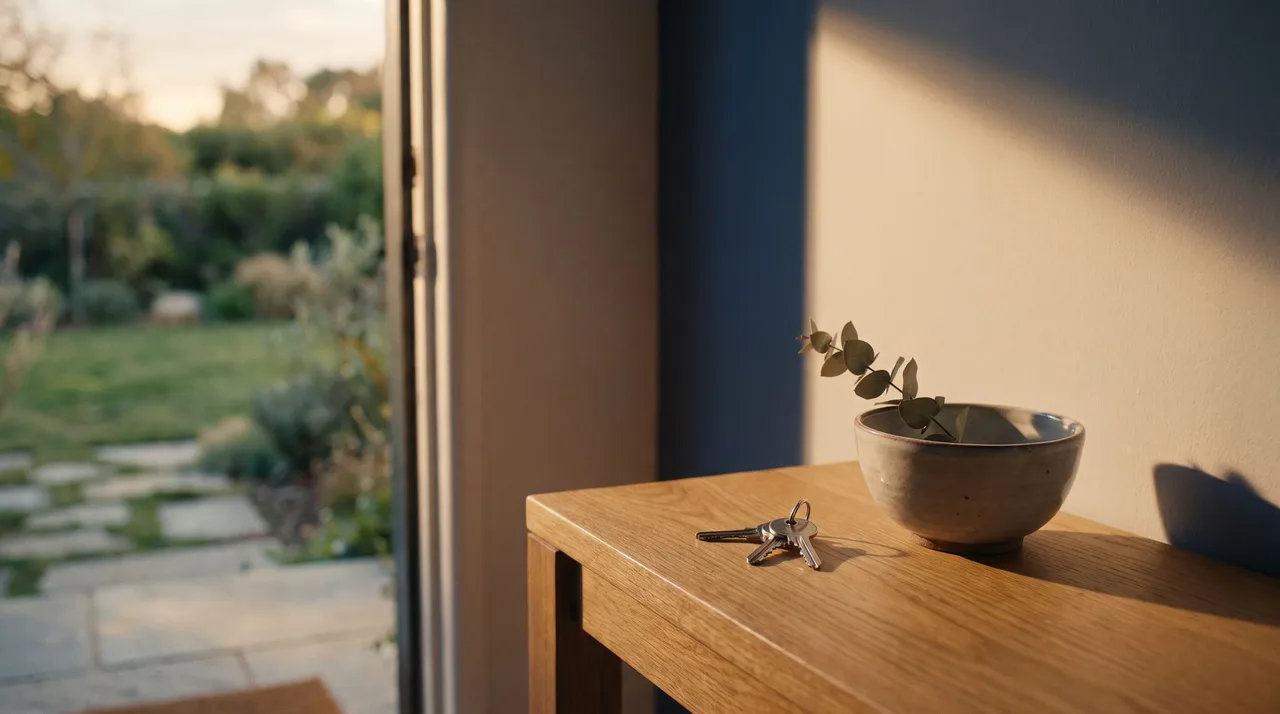 Illustrative house keys on a warm oak console beside a welcoming doorway