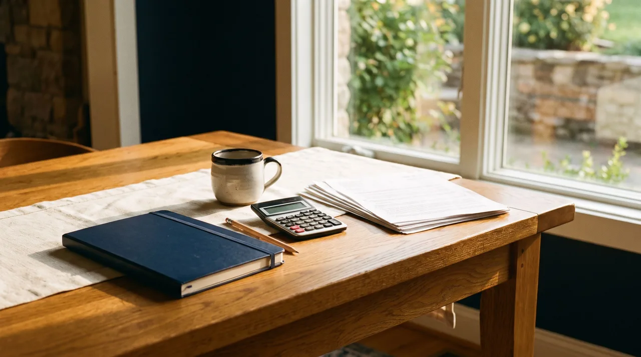 Illustrative home planning table with a notebook, calculator, and coffee