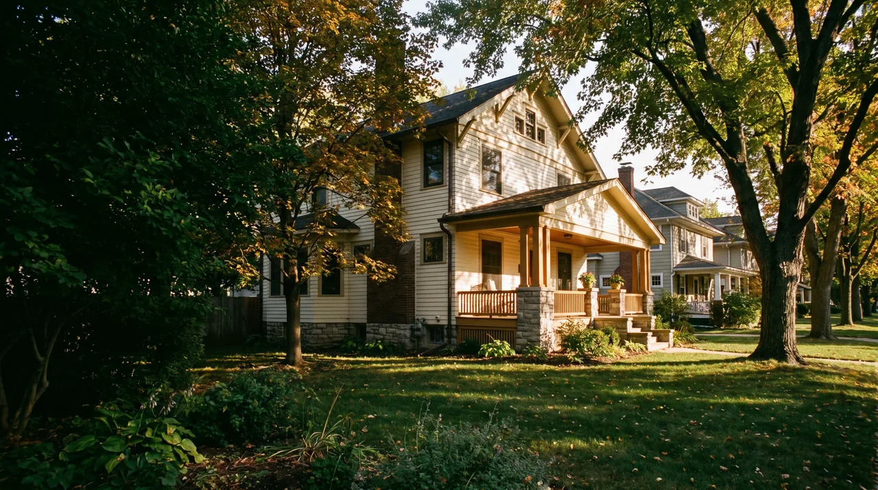 Illustrative tree-lined neighborhood with a welcoming Craftsman home