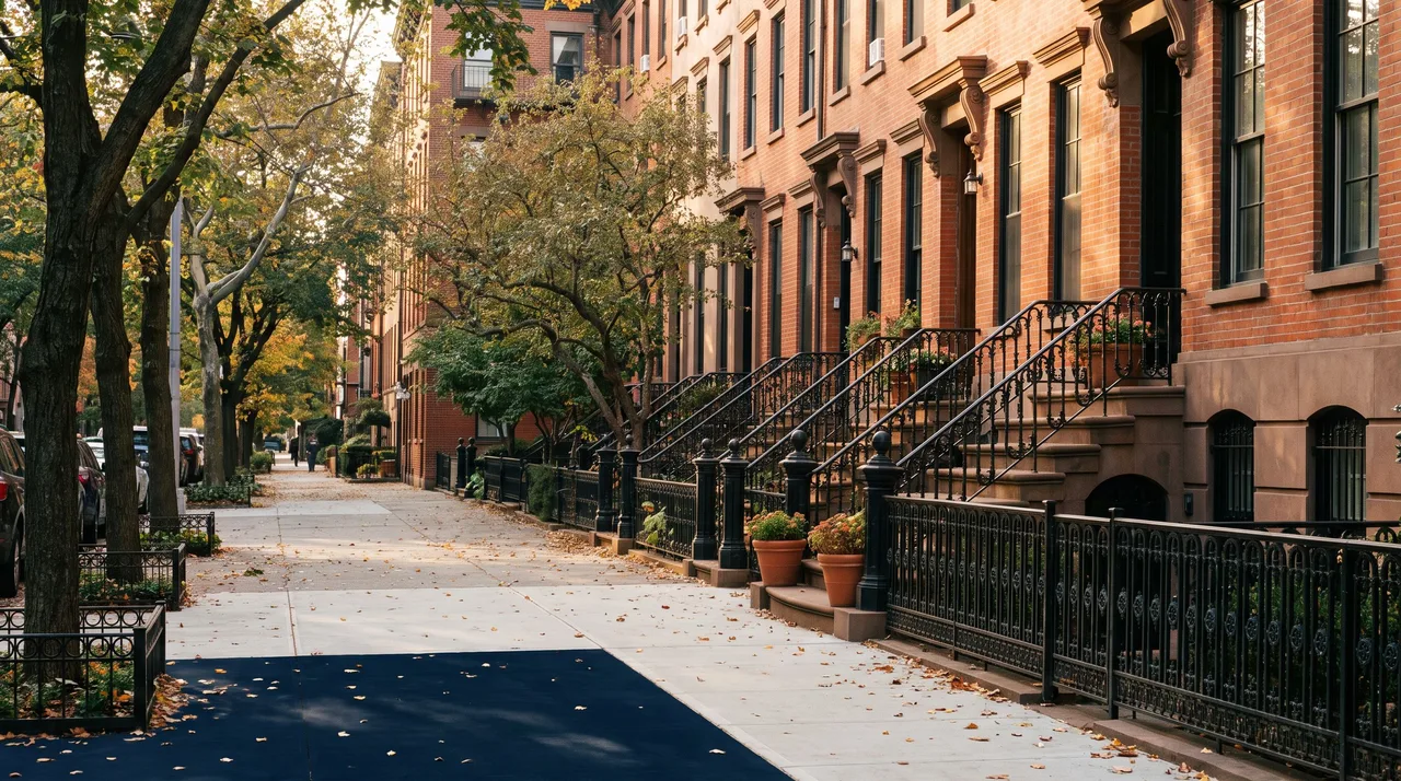 Illustrative northeastern neighborhood with brick townhouses and leafy sidewalks