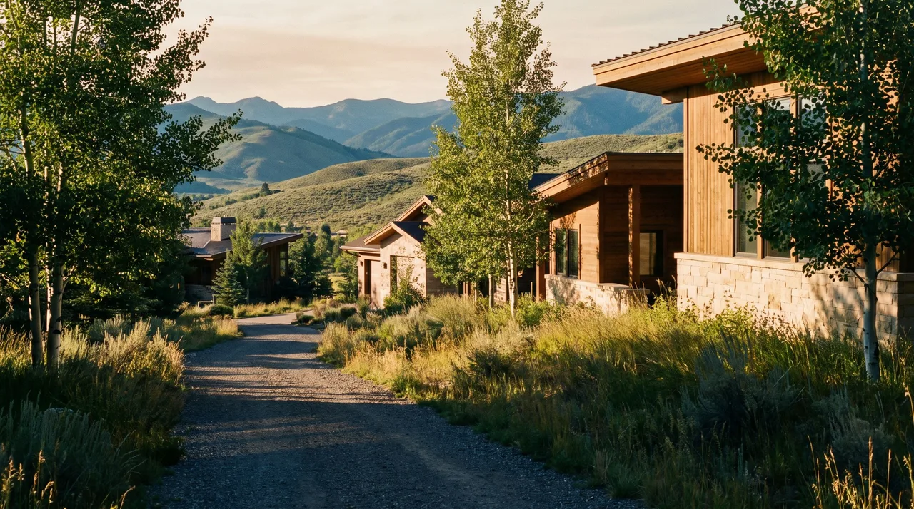 Illustrative mountain-west neighborhood with timber homes and open foothills